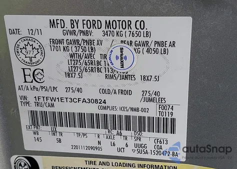 2012 Ford F-150 Fx4 from USA, damaged, VIN 1FTFW1ET3CFA30824